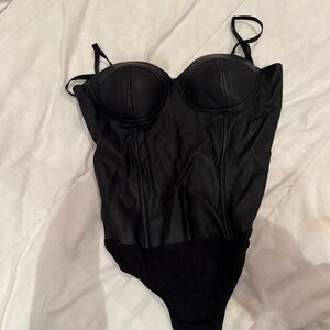 Aqua Black Faux-Leather Bustier Bodysuit